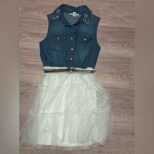 Knit Works Girls's 10/12 Sleeveless Dress  blue jean & White tulle dress & Belt
